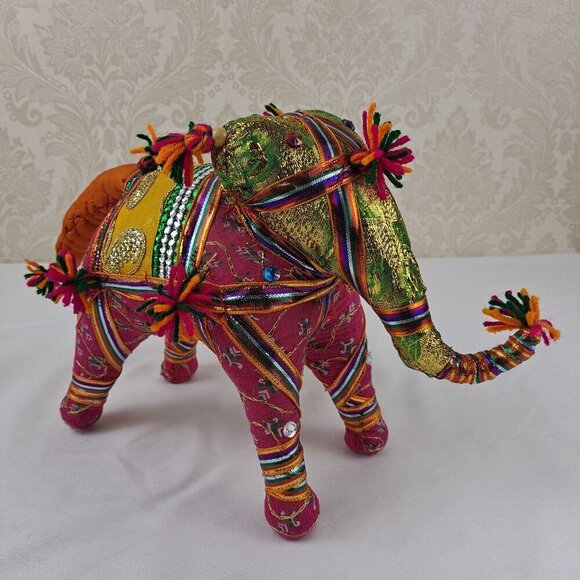 Pair of Fabric Elephants Free Standing Pink Orange Gold Sequins  Beads Tassels - Picture 9 of 15